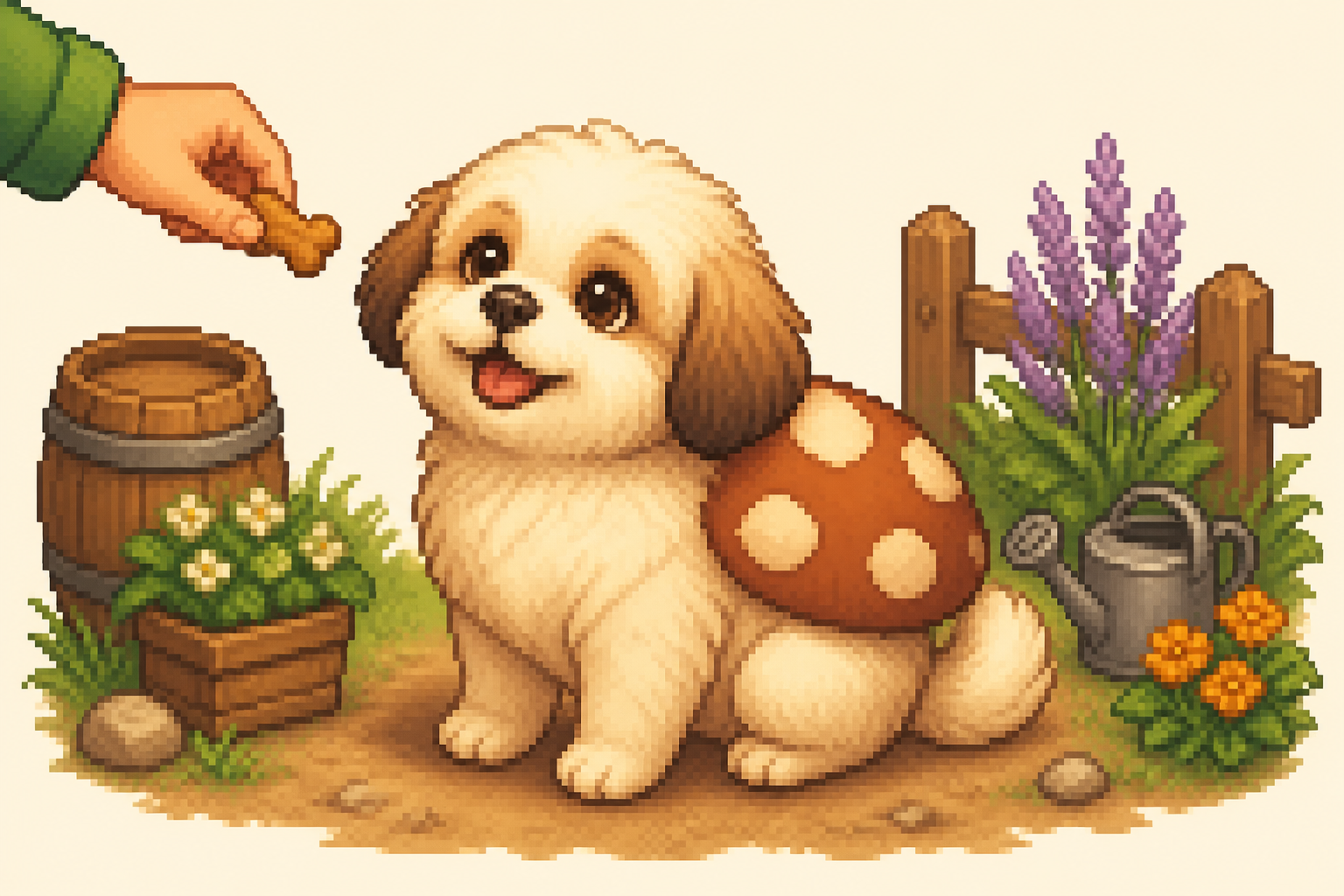 Mushroom, a fluffy cream pup with a mushroom cap on her back